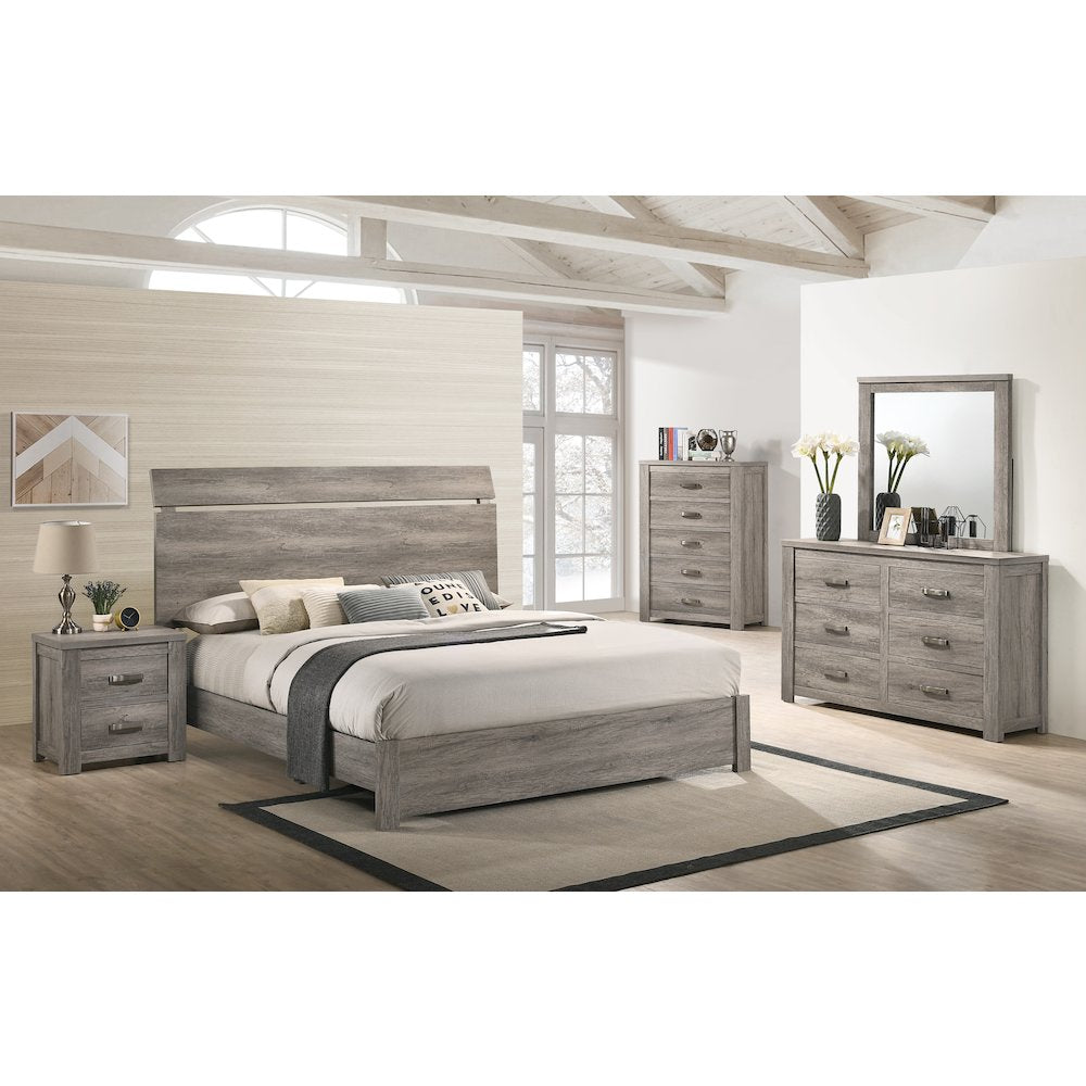 Weathered Gray Wood Bedroom Set, King Bed, Dresser, Mirror, Nightstand, Chest