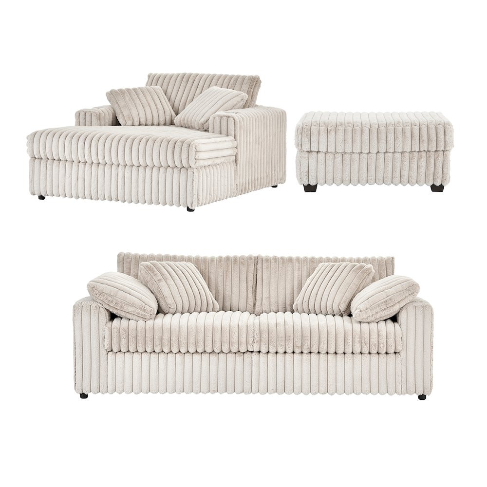 Belvoir 3-Piece Living Room Set, Sofa Cuddle Chaise and Ottoman, Beige Champagne