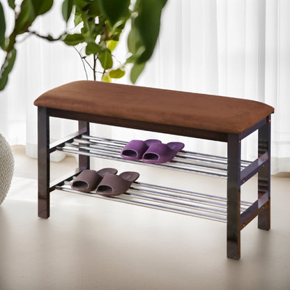 Choa Metal Shoe Bench with Faux Leather Seat, Dark Espresso and Chocolate