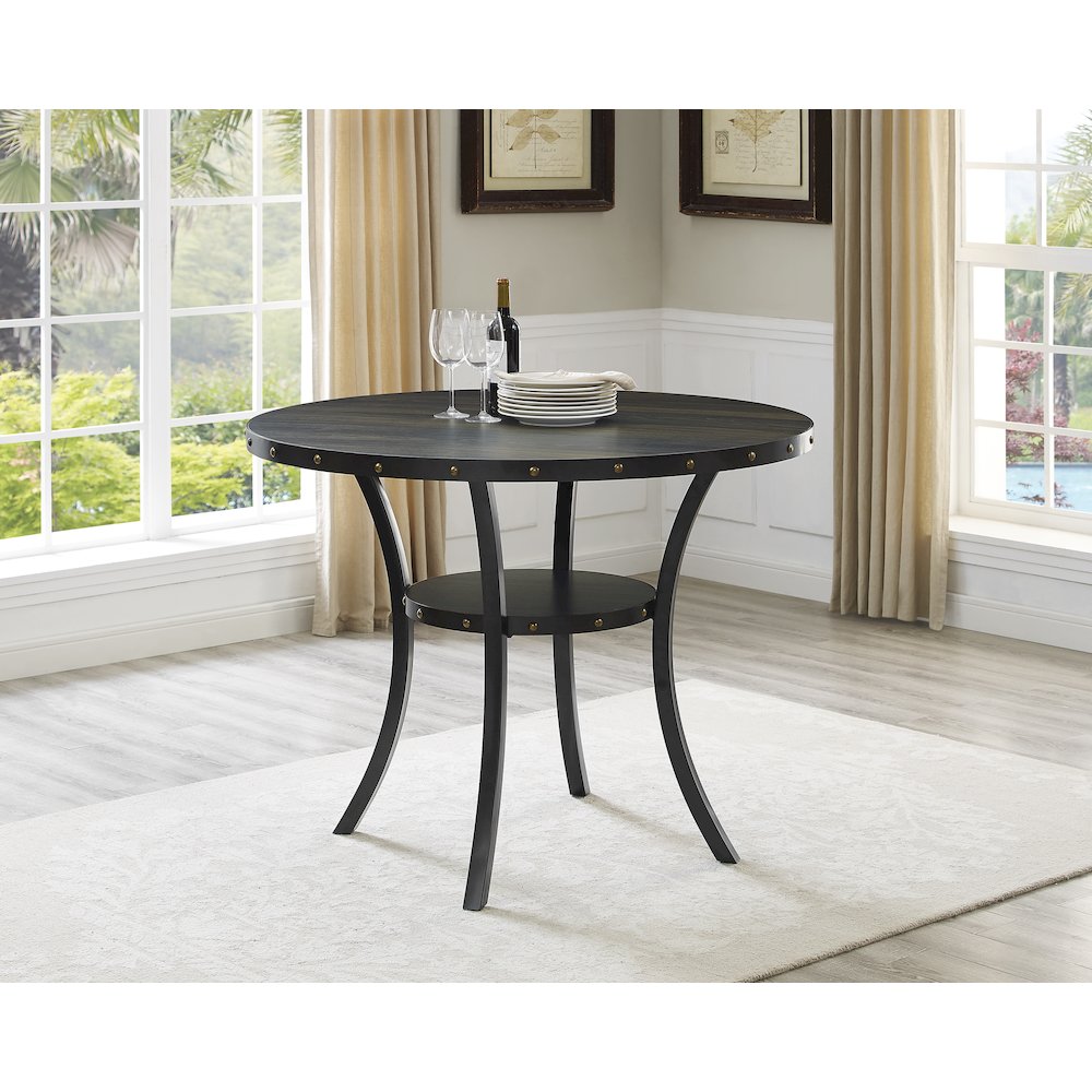 Biony Dining Collection Espresso Wood Counter Height Nailhead Round Dining Table