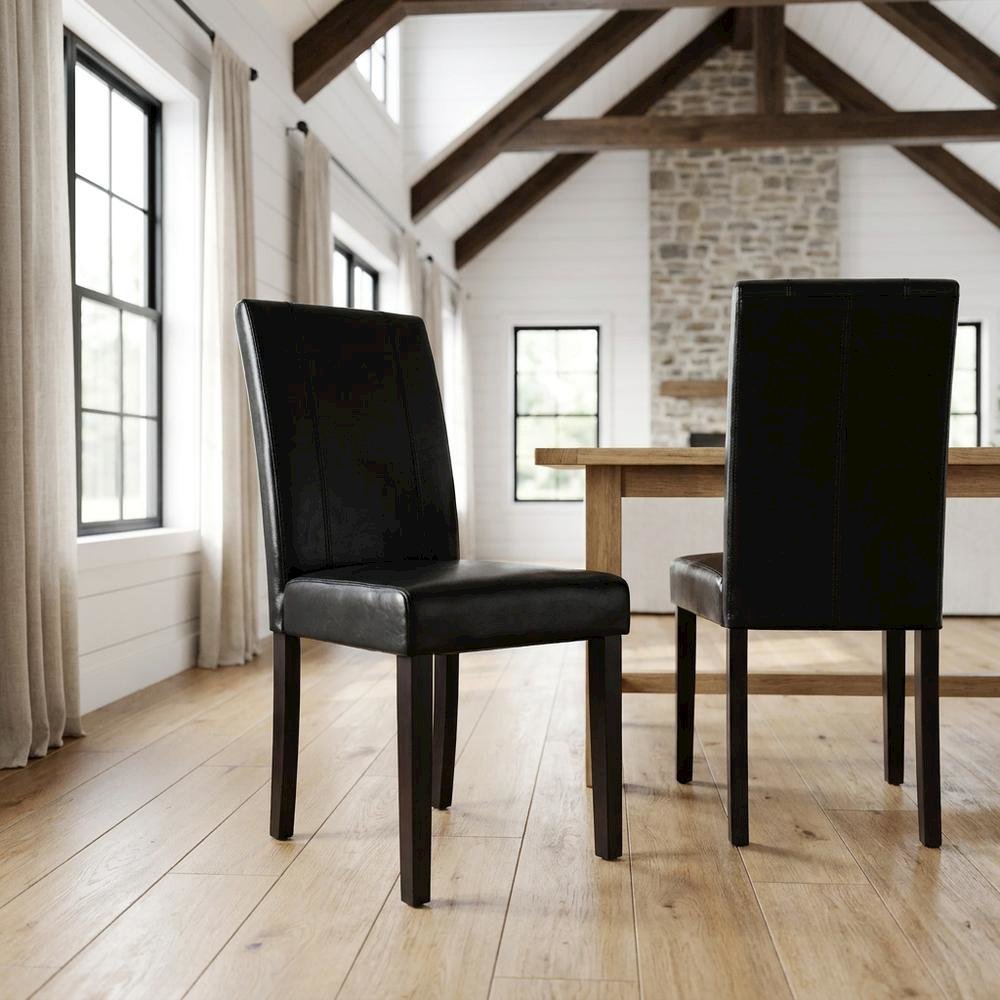 Solid Wood Faux Leather Upholstered Parson Dining Chairs, Black, Set of 2