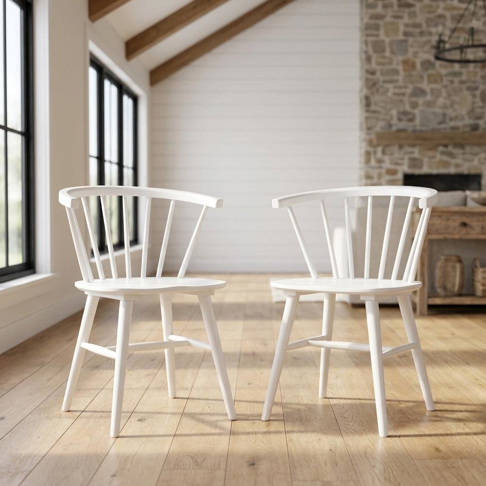 Wooden Spindle Back Windsor Dining Chairs, White, Set of 2
