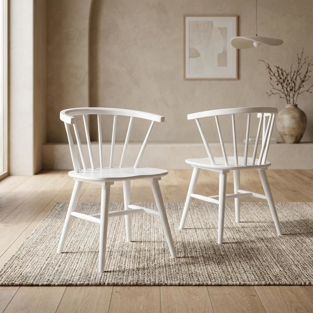 Wooden Spindle Back Windsor Dining Chairs, White, Set of 2