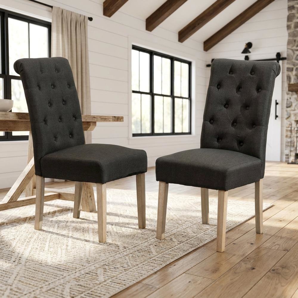 Solid Wood Tufted Parsons Upholstered Fabric Dining Chairs, Charcoal, Set of 2