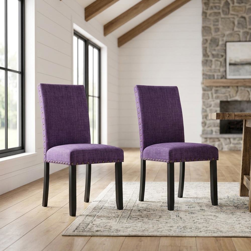 Fabric Upholstered Dining Chairs with Nailhead Trim, Purple, Set of 2