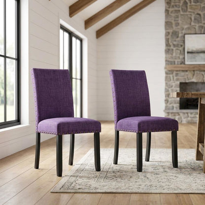 Fabric Upholstered Dining Chairs with Nailhead Trim, Purple, Set of 2