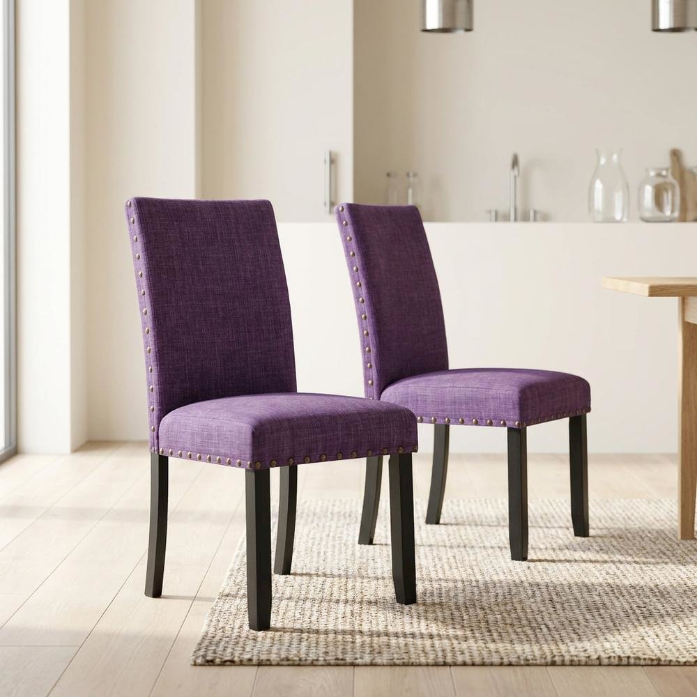 Fabric Upholstered Dining Chairs with Nailhead Trim, Purple, Set of 2