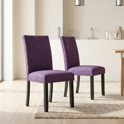 Fabric Upholstered Dining Chairs with Nailhead Trim, Purple, Set of 2