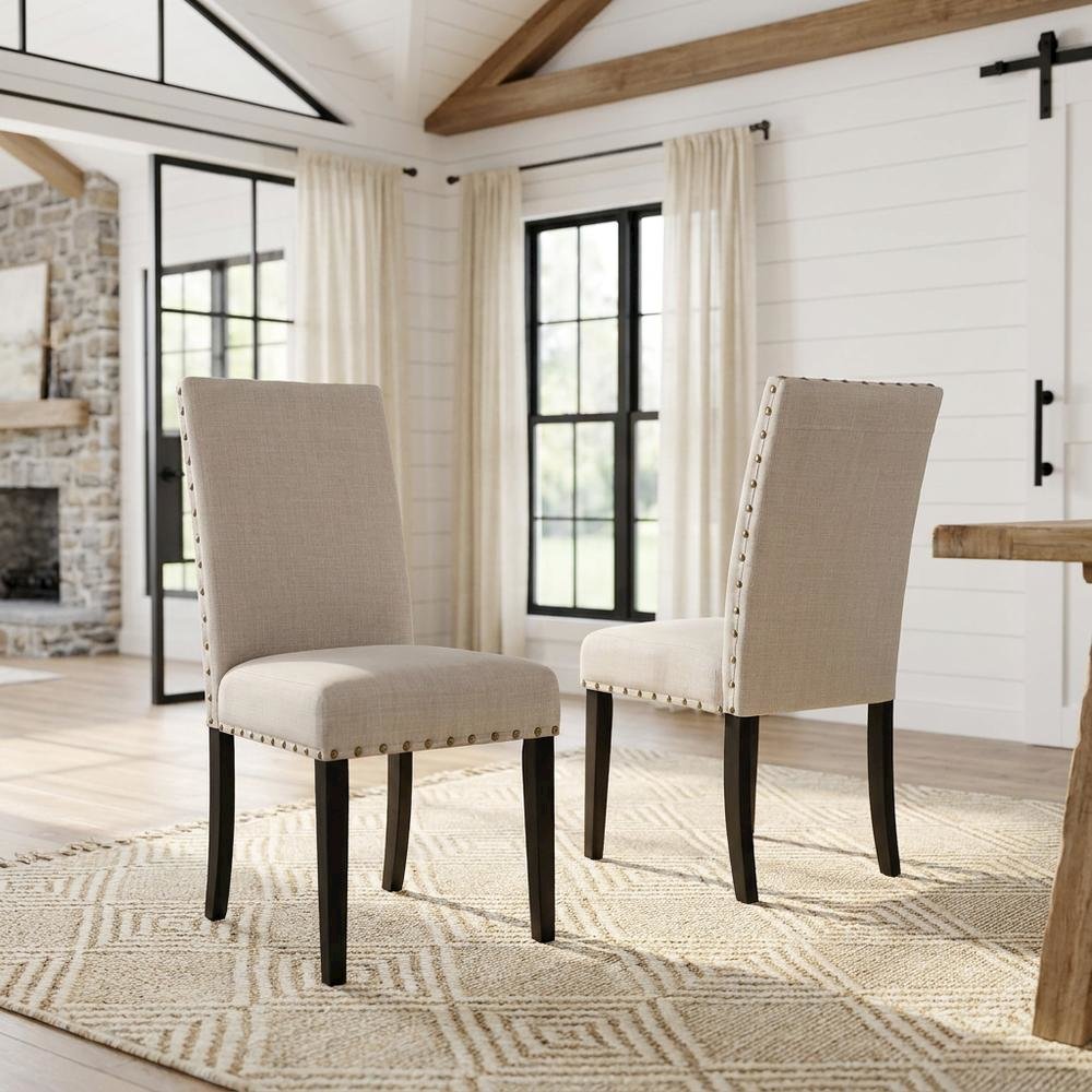 Fabric-Upholstered Dining Chairs with Nailhead Trim, Tan, Set of 2