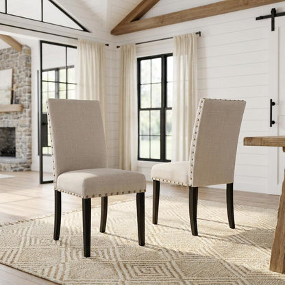 Fabric-Upholstered Dining Chairs with Nailhead Trim, Tan, Set of 2