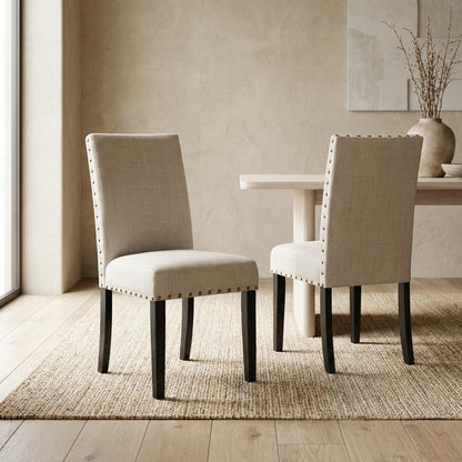 Fabric-Upholstered Dining Chairs with Nailhead Trim, Tan, Set of 2