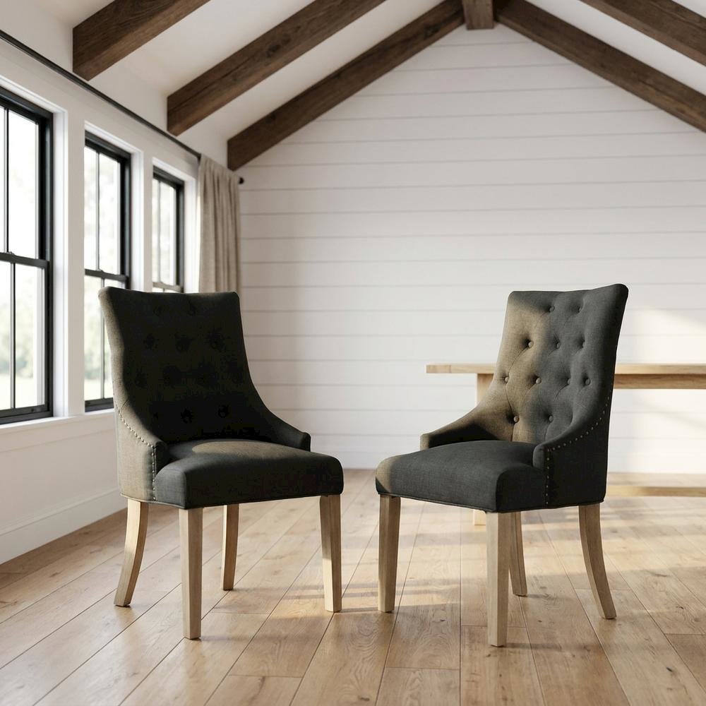Solid Wood Wingback Accent Chair, Button-Tufted, Charcoal, Set of 2