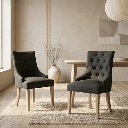 Solid Wood Wingback Accent Chair, Button-Tufted, Charcoal, Set of 2