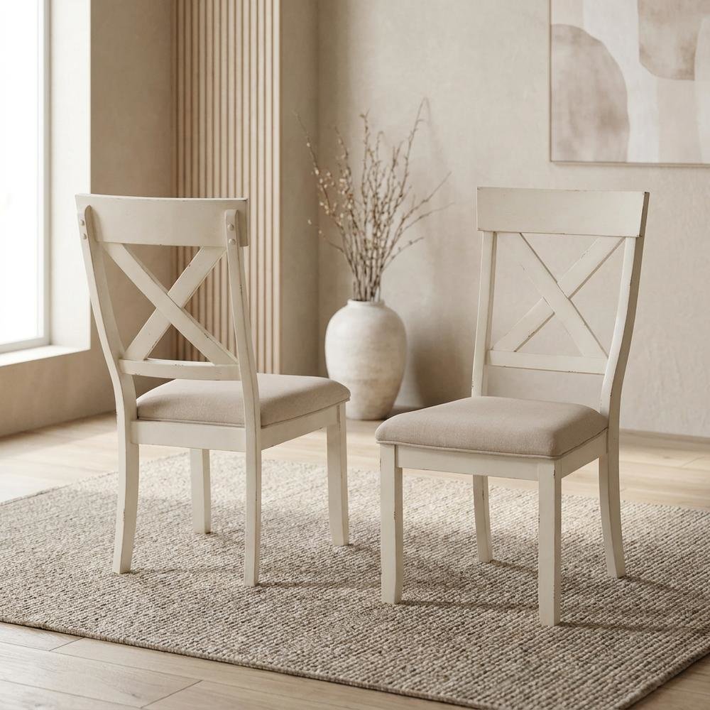 Wood Cross-Back Upholstered Dining Chairs, White, Set of 2