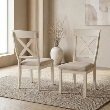 Wood Cross-Back Upholstered Dining Chairs, White, Set of 2