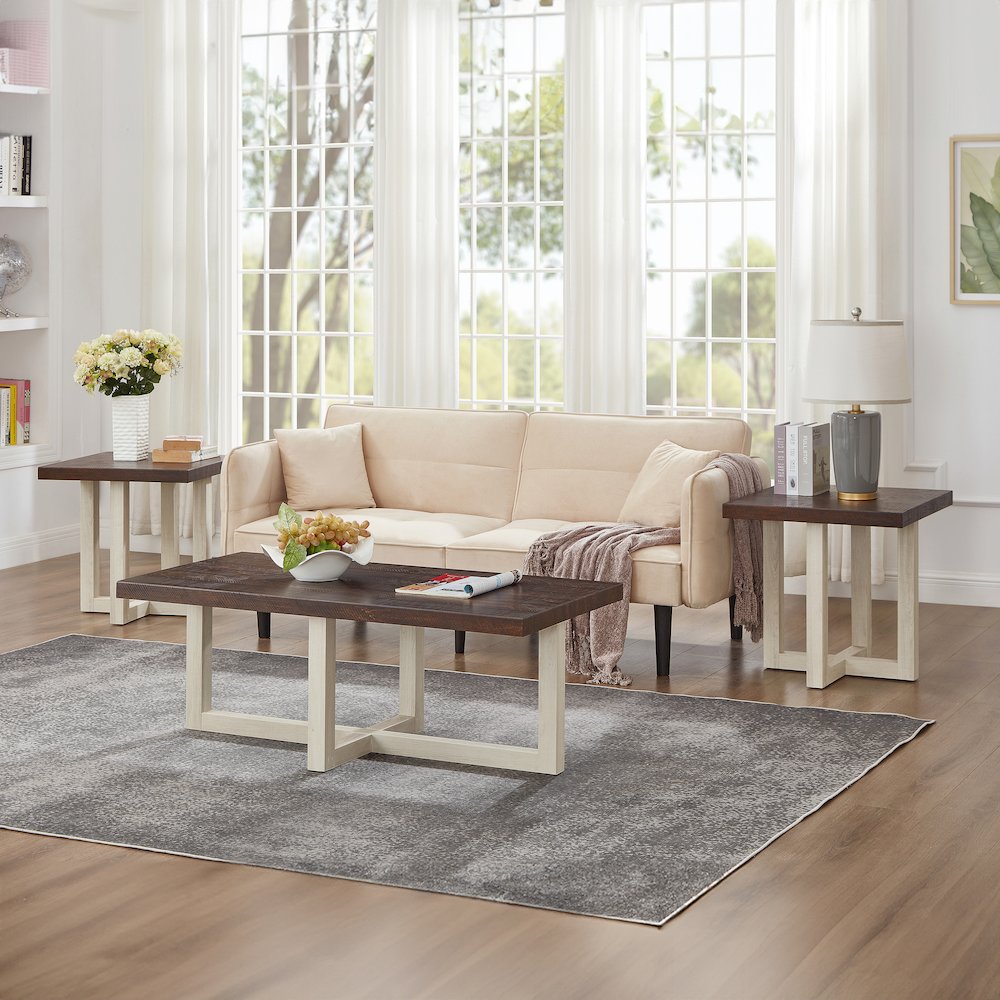 Luno 3-Piece Coffee Table Set, Coffee Table and Two End Tables, Walnut and White