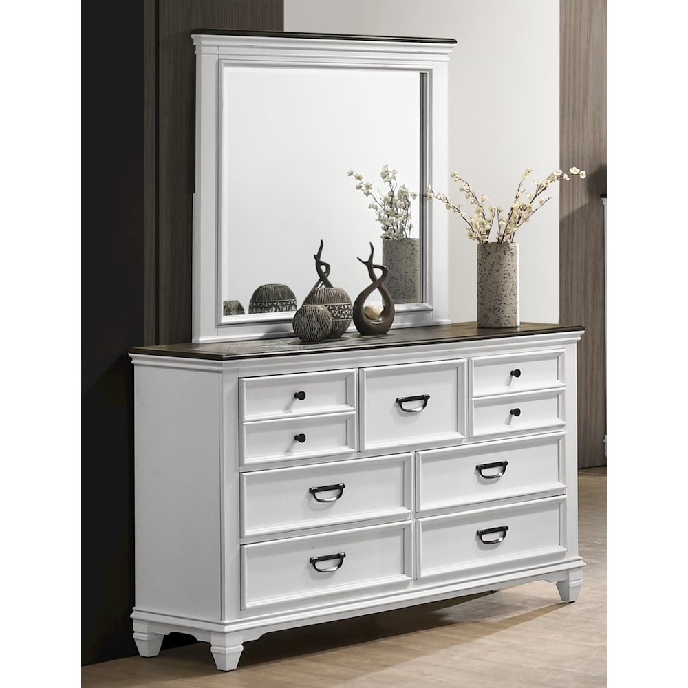 Clelane Wood 7-Drawer Dresser with Mirror, Weathered White and Gray