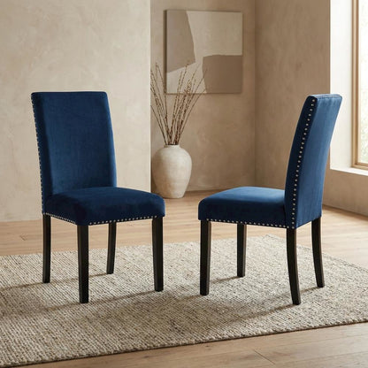 Velvet Dining Chairs with Nailhead Trim, Contemporary Style, Blue, Set of 2
