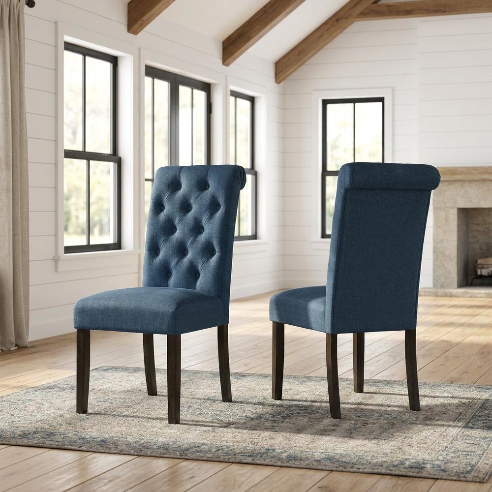Solid Wood Upholstered Button-Tufted Parsons Dining Chairs, Blue, Set of 2