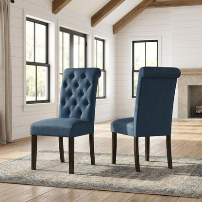 Solid Wood Upholstered Button-Tufted Parsons Dining Chairs, Blue, Set of 2