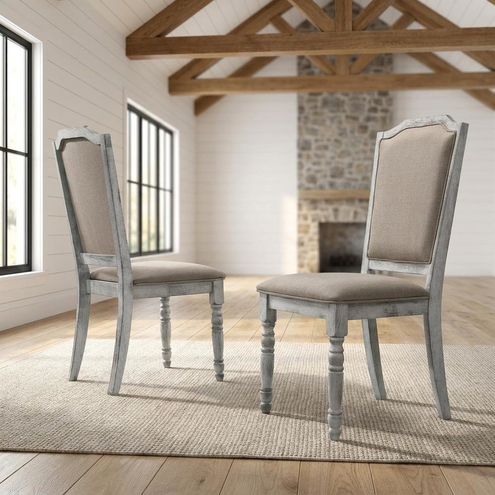Upholstered Farmhouse Wood Dining Chair with Turned Legs, Beige, Set of 2
