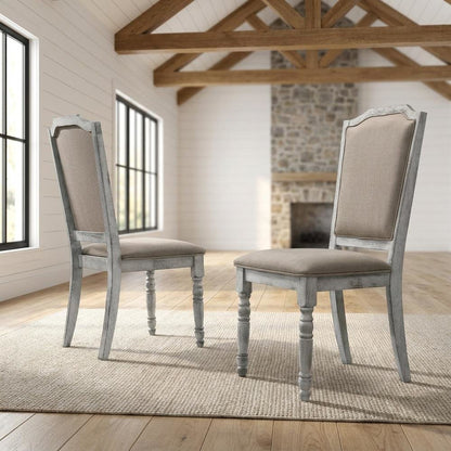 Upholstered Farmhouse Wood Dining Chair with Turned Legs, Beige, Set of 2