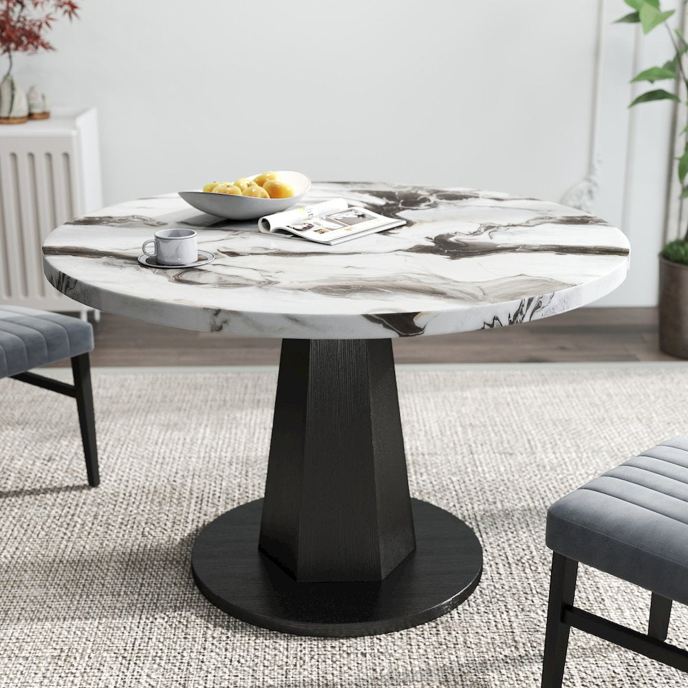 5-Piece Dining Set, Off-White Faux Marble Dining Table with Four Chairs, Gray