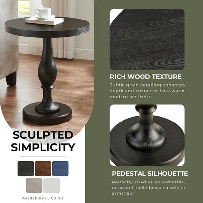 Solmere 22" Round Wood Pedestal End Table, Black
