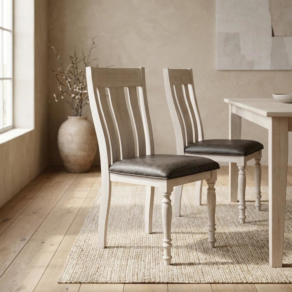Upholstered Wood Dining Chair with Turned Legs for Dining Room, Beige, Set of 2