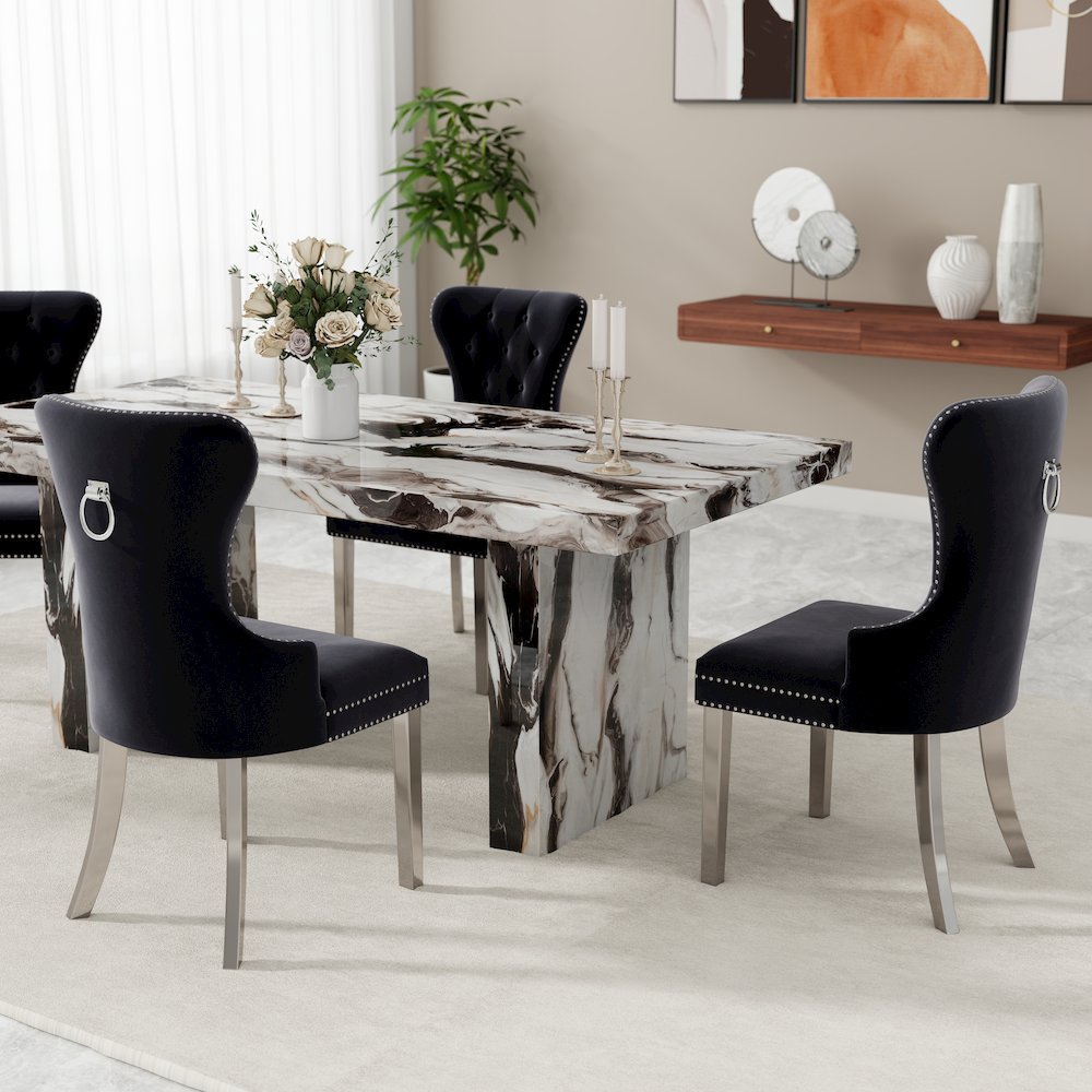Henriet 5-Piece Pedestal Dining Set, Round Dining Table with Four Chairs, Blue