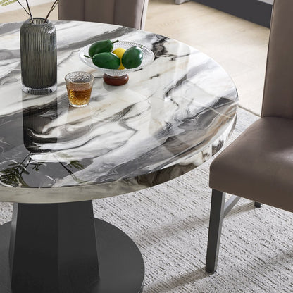 Cavira 5-PC Dining Set, Off-White Faux Marble Table with Four Brown Chairs