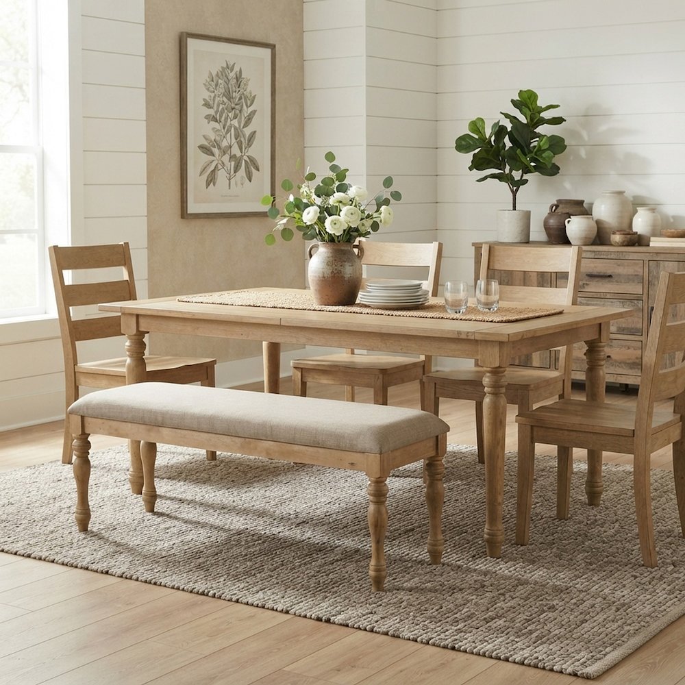FurniFact Dining Bench with Solid Wood Frame and Upholstered Top, Light Oak
