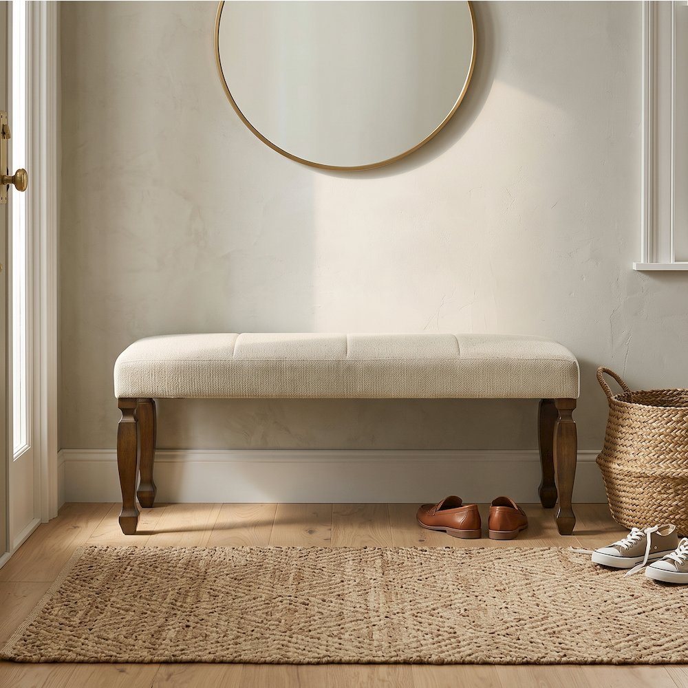 Rowan Upholstered Turned Leg Wood Dining Bench, Beige
