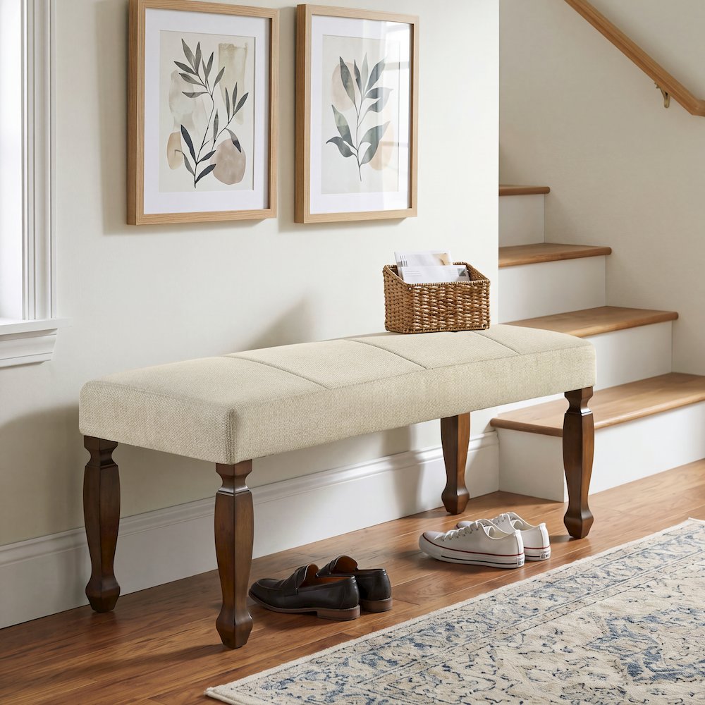 Rowan Upholstered Turned Leg Wood Dining Bench, Beige