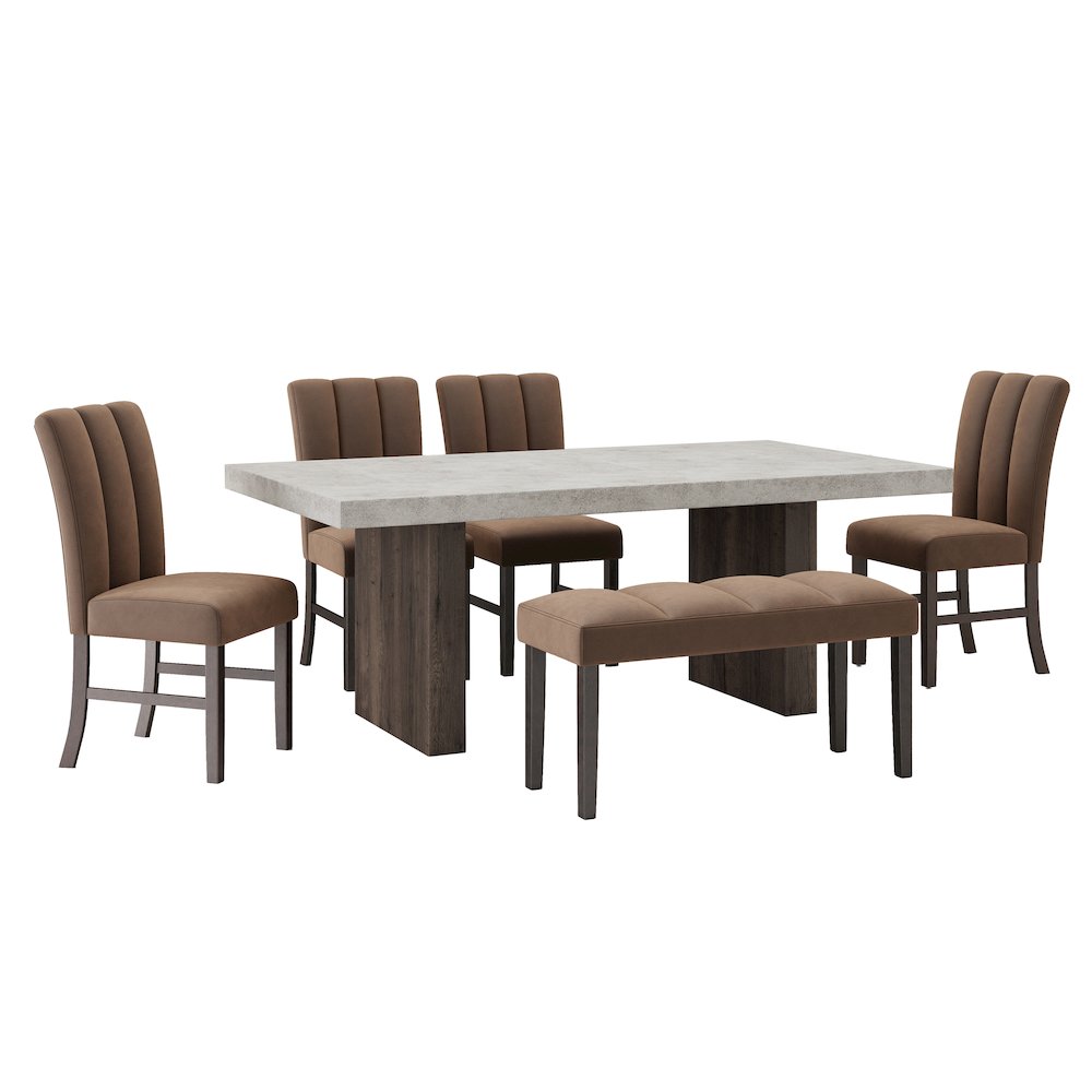 Sorlen 6-PC Dining Set, 3D Faux Concrete Table with 4 Chocolate Chairs and Bench