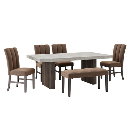 Sorlen 6-PC Dining Set, 3D Faux Concrete Table with 4 Chocolate Chairs and Bench