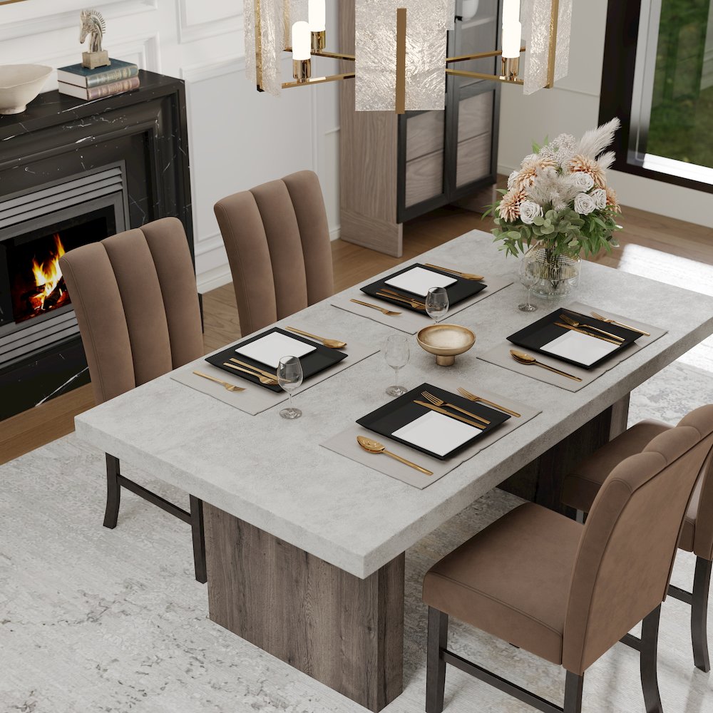 Sorlen 5-Piece Dining Set, 3D Faux Concrete Table with 4 Chocolate Fabric Chairs