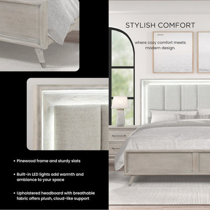 Seluna LED Lighting Panel Bed, Upholstered Headboard, Gray Oak Finish, King