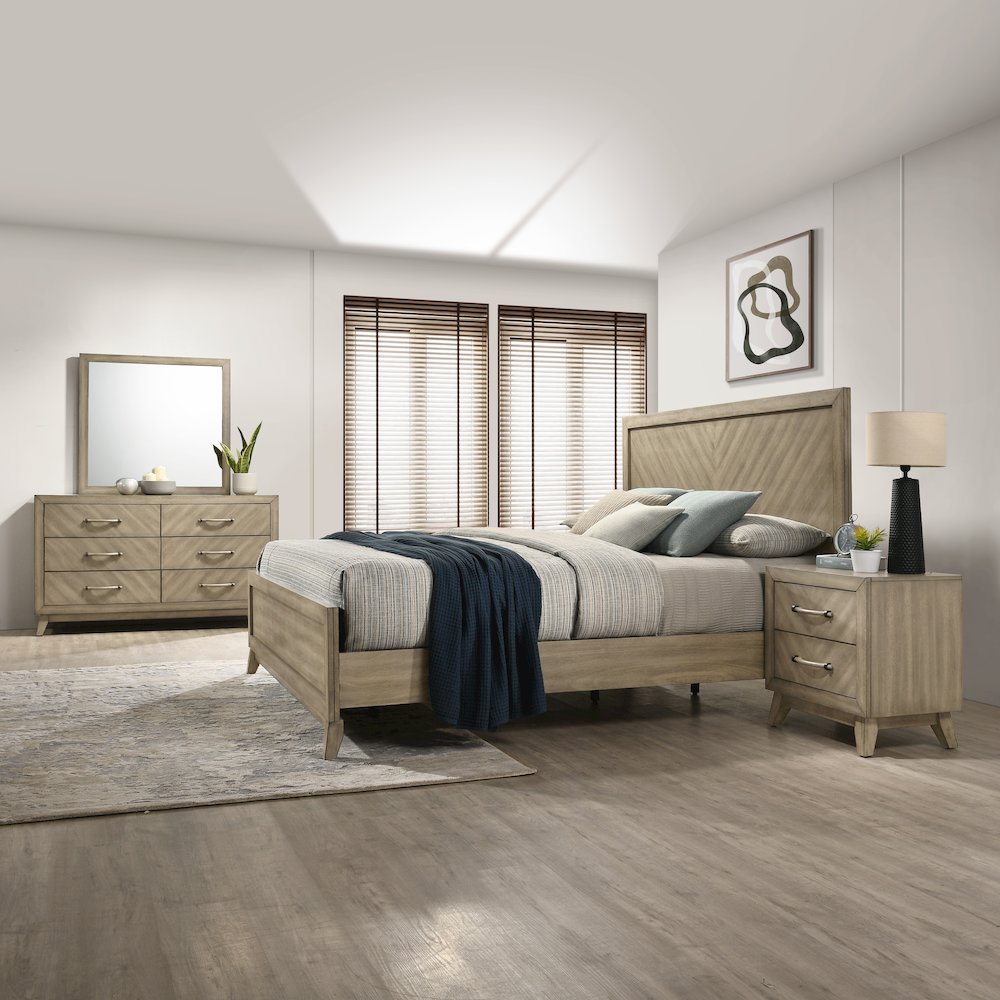 Wood Bedroom Set: Queen Bed, Dresser, Mirror, 2 Nightstands in Weathered Sand