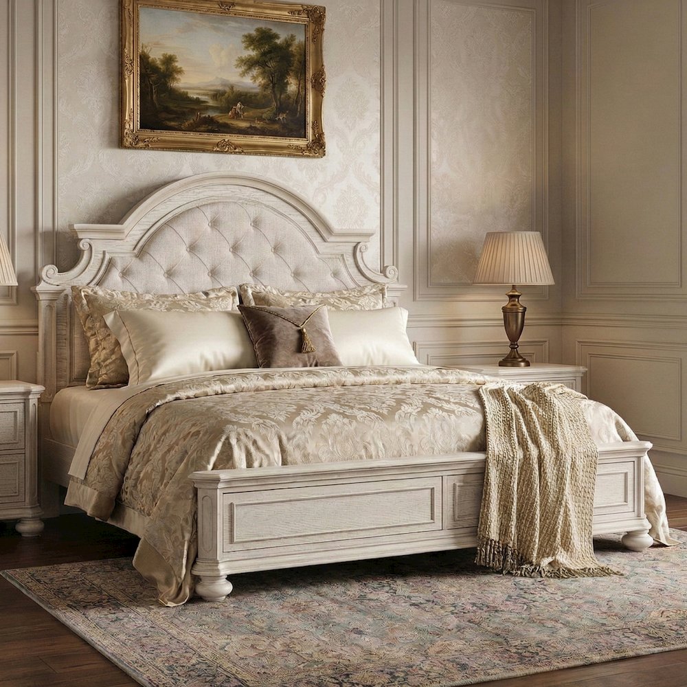 Nelson French Traditional Tufted Upholstery Bed, Antique White, Queen