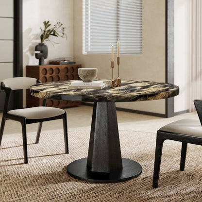 Cavira Modern Faux Marble Dining Table with Wood Pedestal Base, Black and Gold
