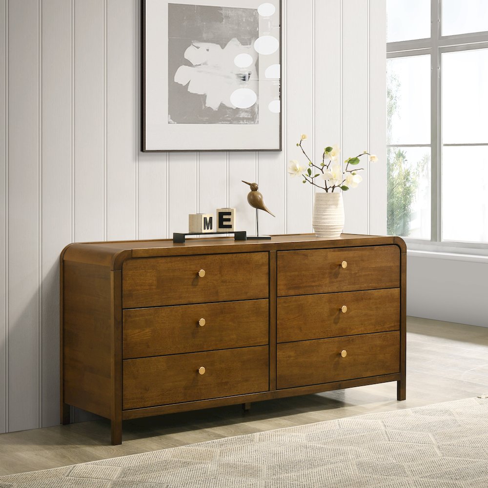 Eldren 6-Drawer Wood Dresser with Solid Rubberwood Frame, Walnut Finish