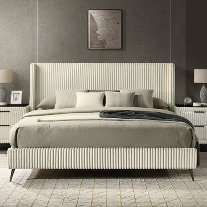 Mavela Wide Wale Corduroy Upholstery Panel King Bed with 2 Nightstands, Cream