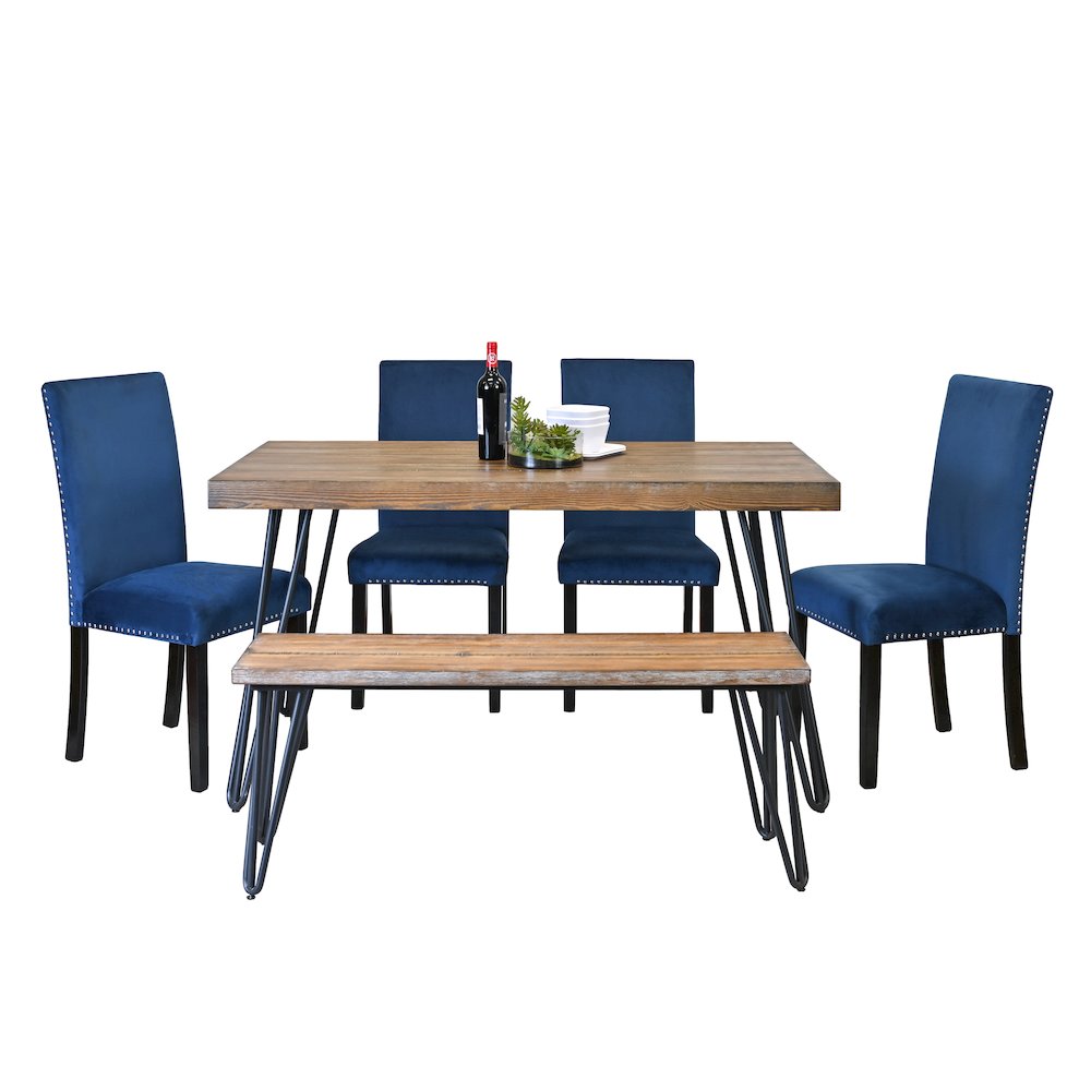 Ashzo 6-Pc Dining Set, Hairpin Dining Table with 4 Chairs and Bench, Blue