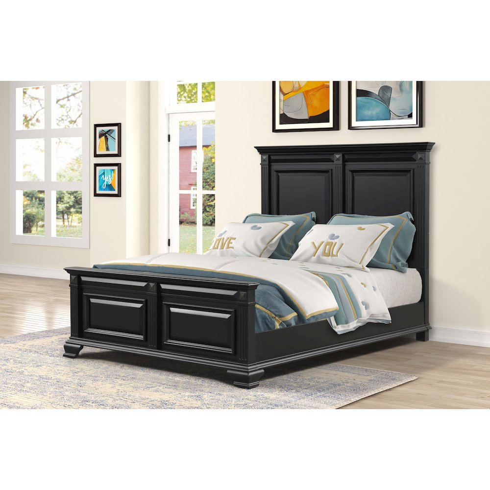 Vintage Black Wood Bedroom Set, Queen Panel Bed, Dresser, Mirror, 2 Nightstands