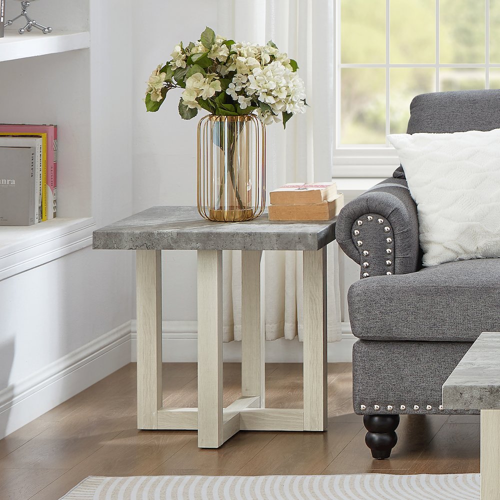 Luno Contemporary End Table, Faux Concrete and White