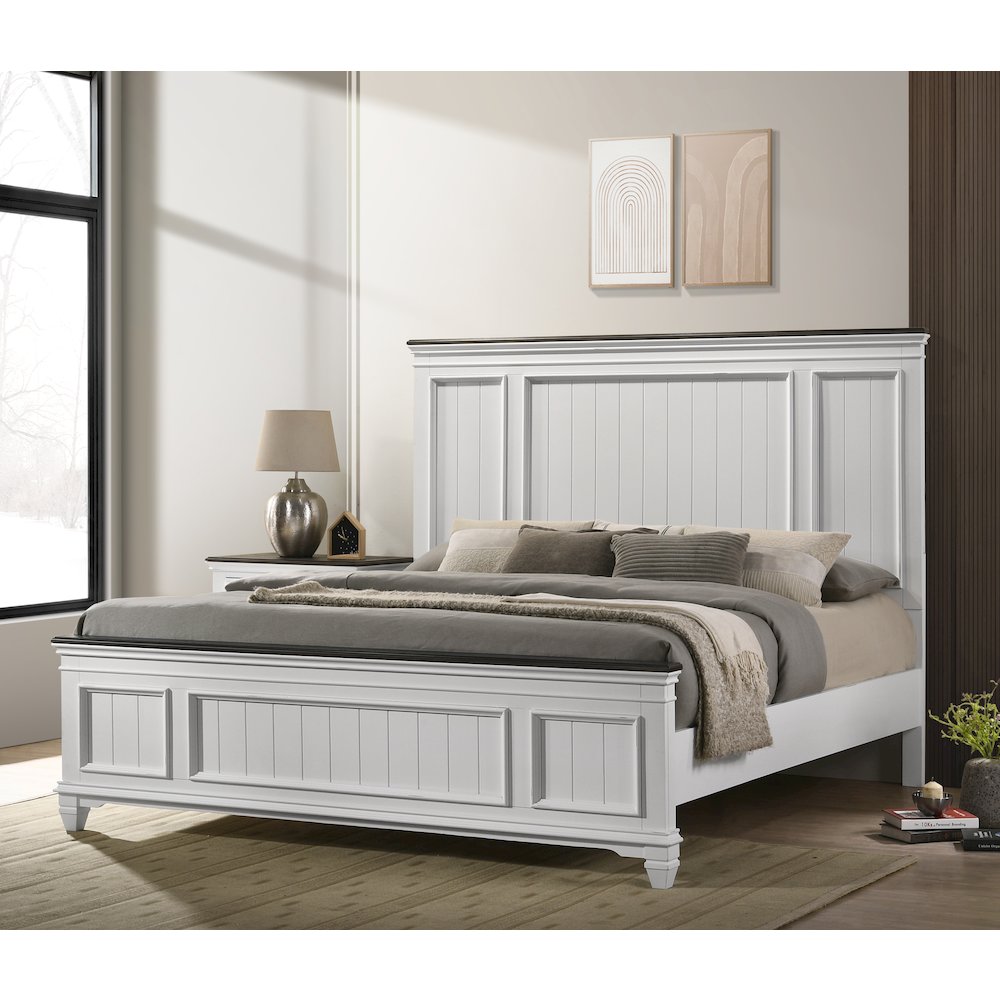 Clelane Shiplap Wood Panel Bed, King, Weathered White and Gray