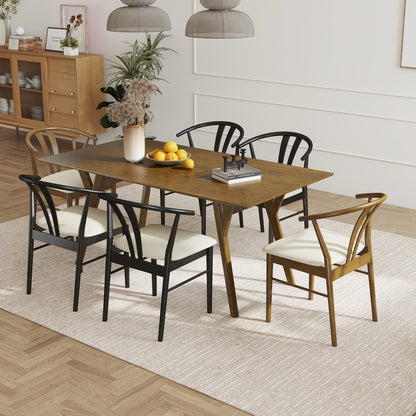 7-Piece Dining Set, Wood Dining Table with 2 Walnut and 4 Black Wishbone Chairs