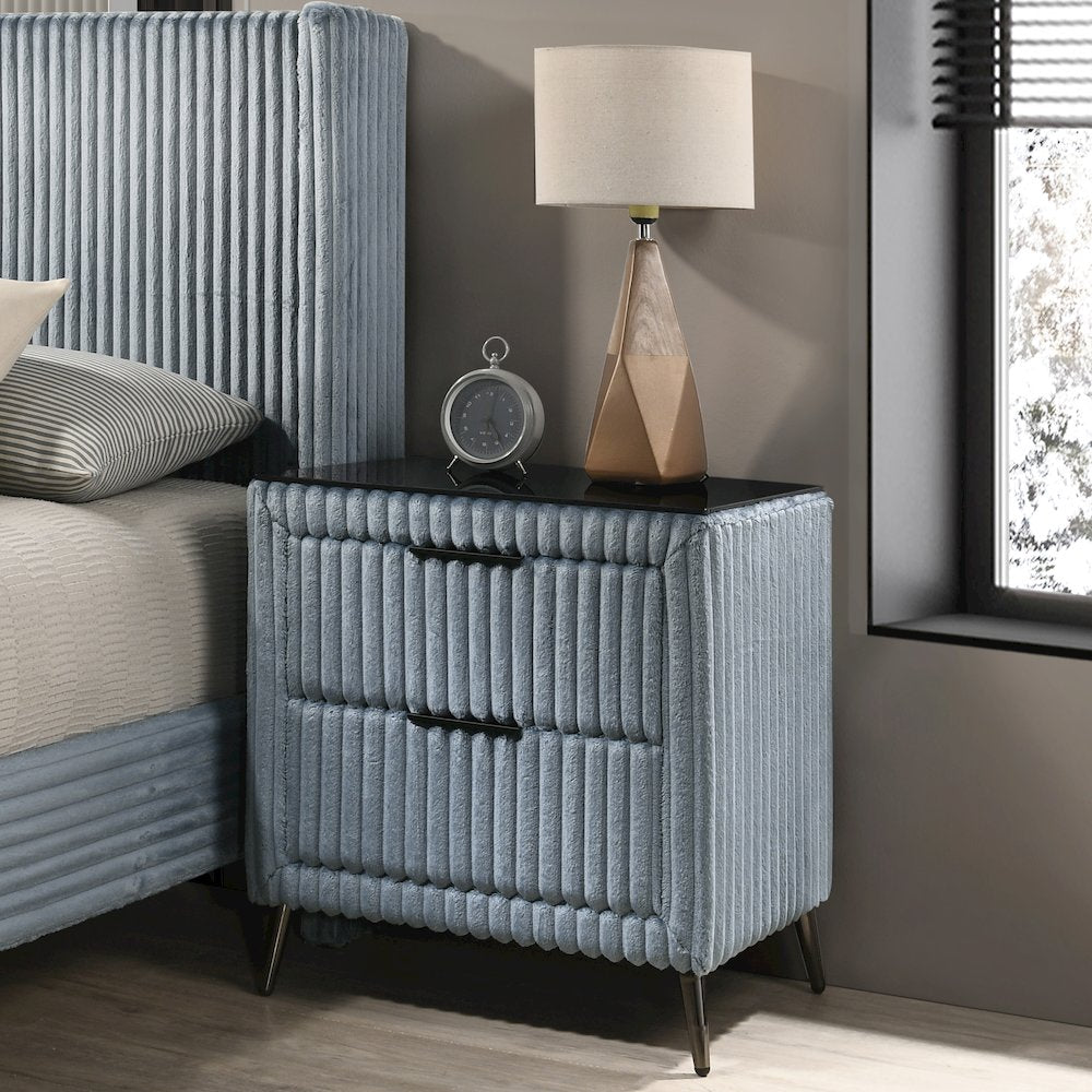 Mavela Wide Wale Corduroy Panel Queen Bed with 2 Nightstands and Bench, Blue