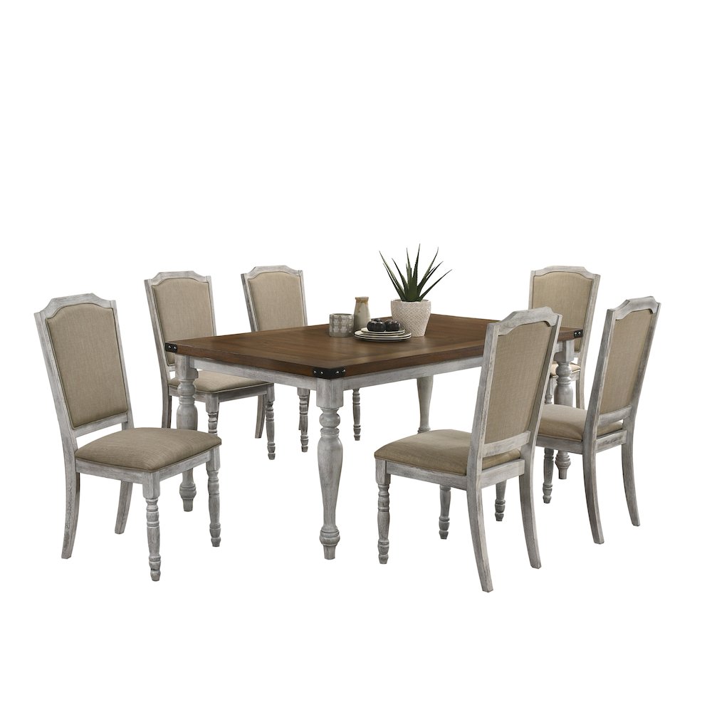 7-Piece Dining Set, Table with 6 Upholstered Chairs, Rustic White and Oak